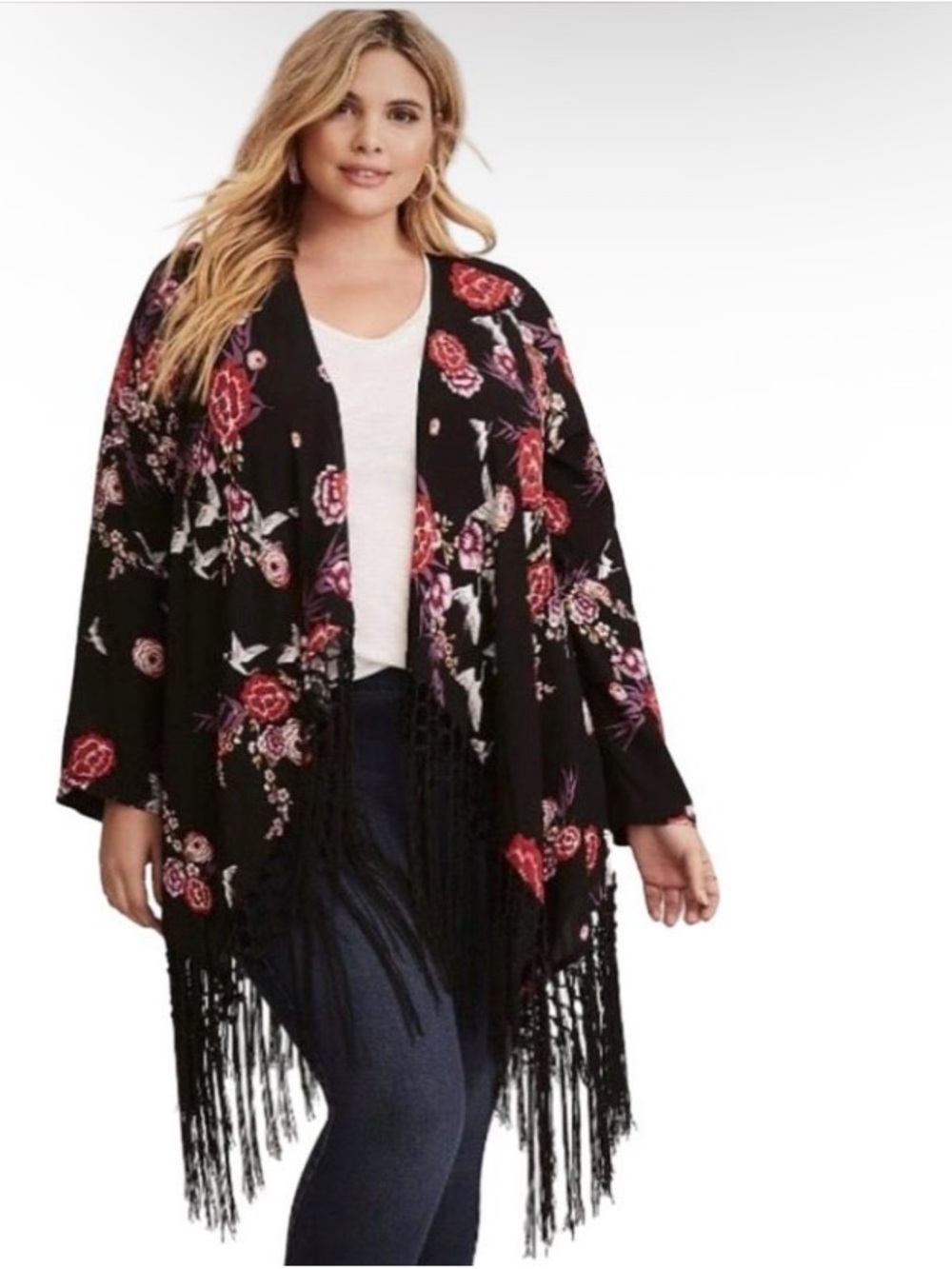 Torrid Floral Fringe Kimono Cardigan Size 1X Black Boho Duster Cover Up